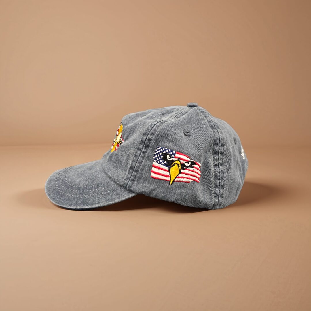 A hat with an american flag and eagle on it.